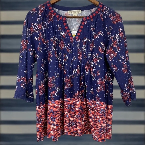 Vintage America Jolita Top V Neck 3/4 Roll Tab Sleeves Navy Print Size M - Picture 6 of 14